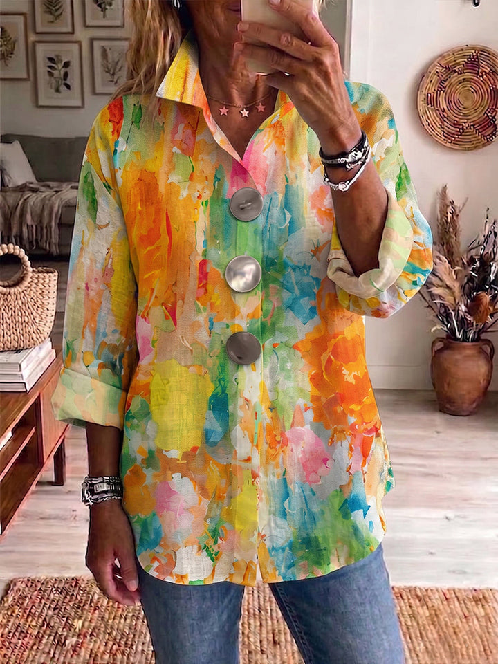 Amie | Artistic Watercolor Palette Print Metal-button Shirt