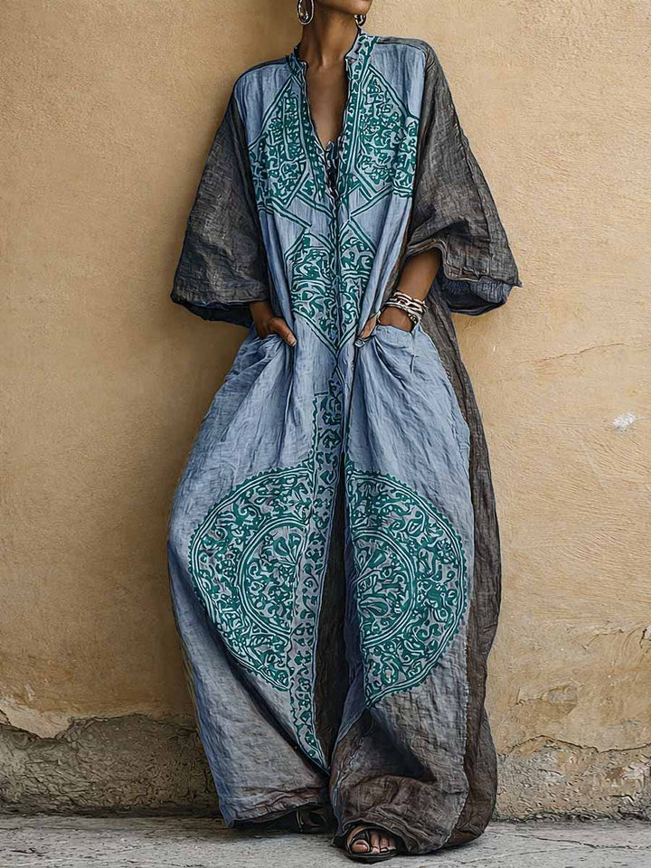 Millie | Women's Vintage Print V-neck 3/4-sleeve Cotton-linen Jumpsuit