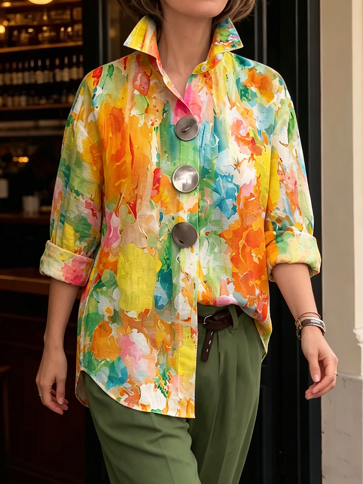 Amie | Artistic Watercolor Palette Print Metal-button Shirt