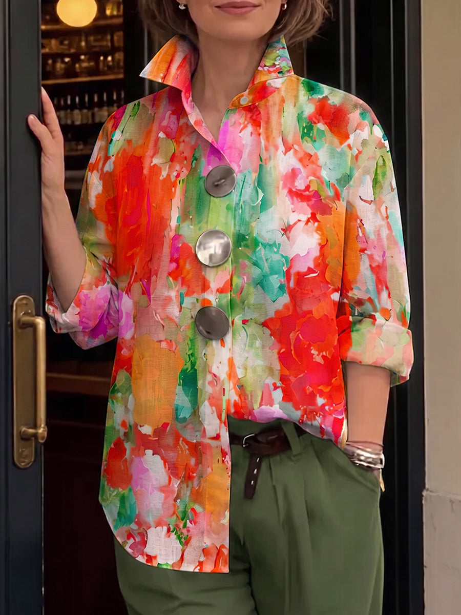 Amie | Artistic Watercolor Palette Print Metal-button Shirt