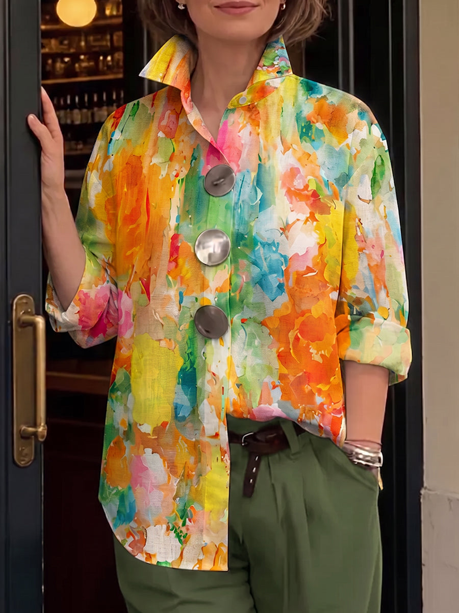 Amie | Artistic Watercolor Palette Print Metal-button Shirt