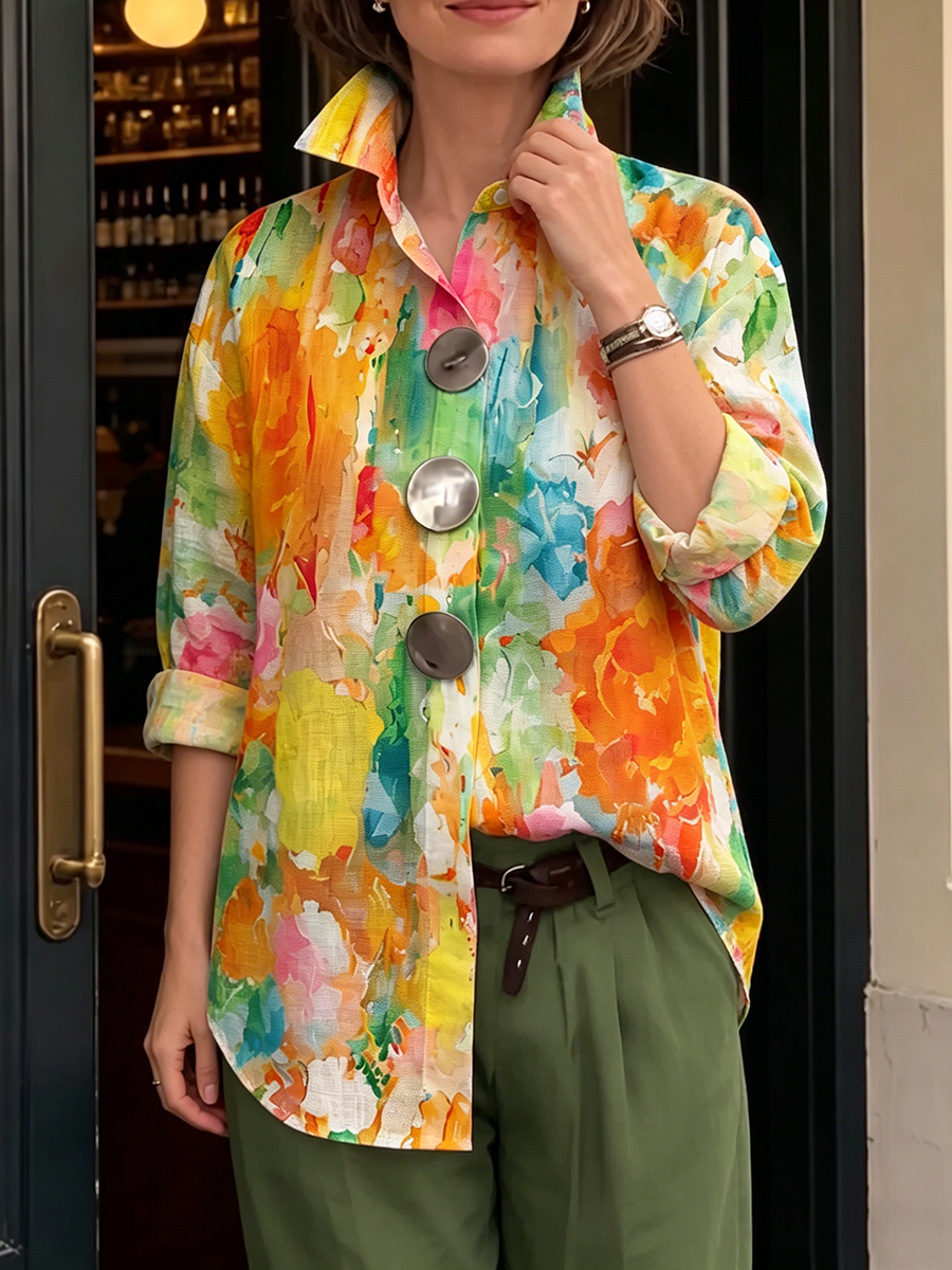 Amie | Artistic Watercolor Palette Print Metal-button Shirt